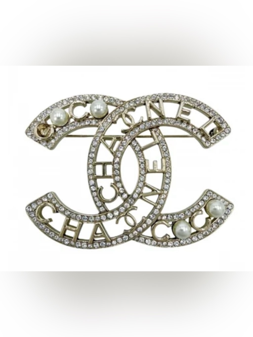 CHANEL Gold Tone Double C Crystal & Pearl Brooch